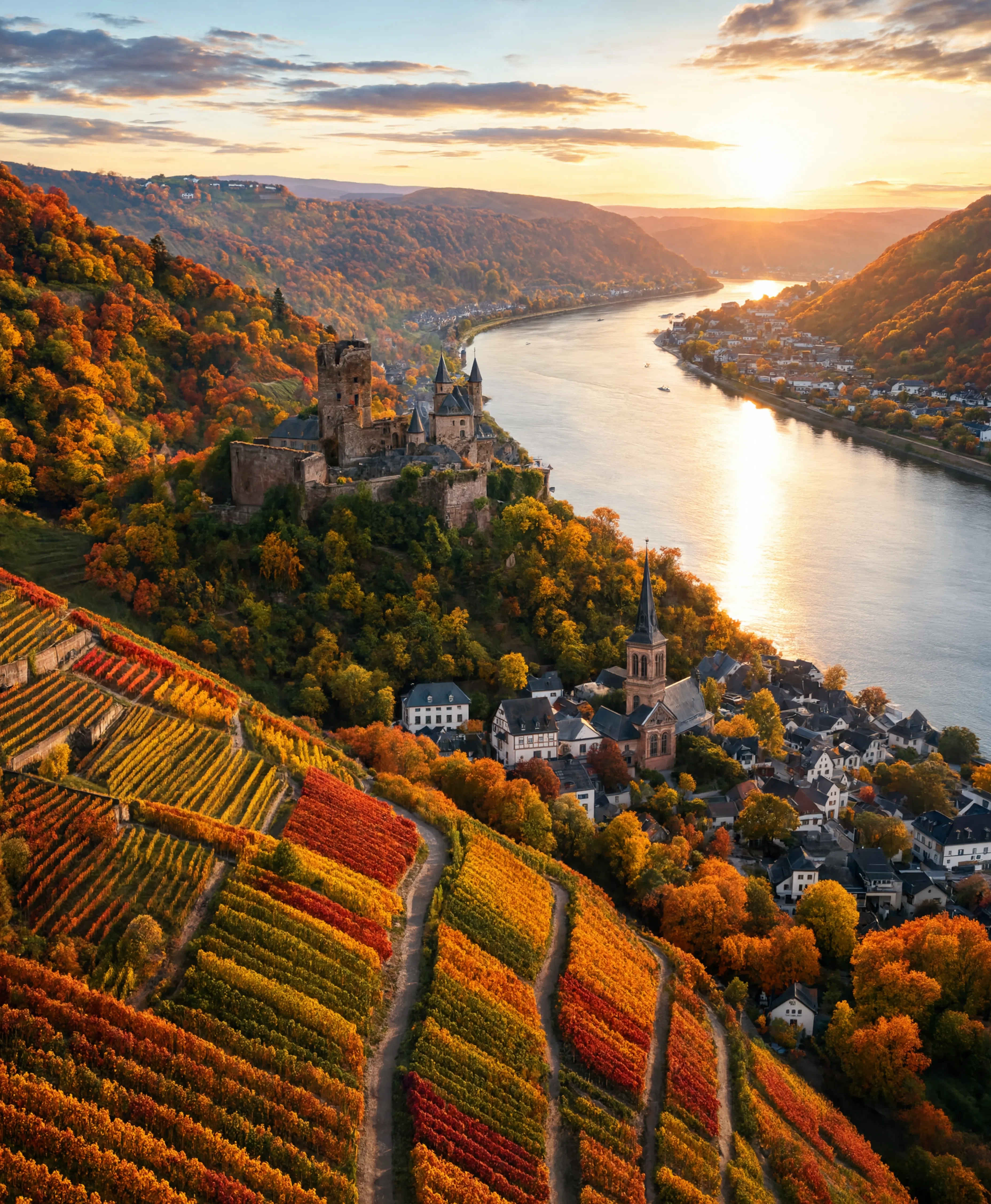 Rheintal — herbstliche Weinberge und historische Burgruinen entlang des Rheins
